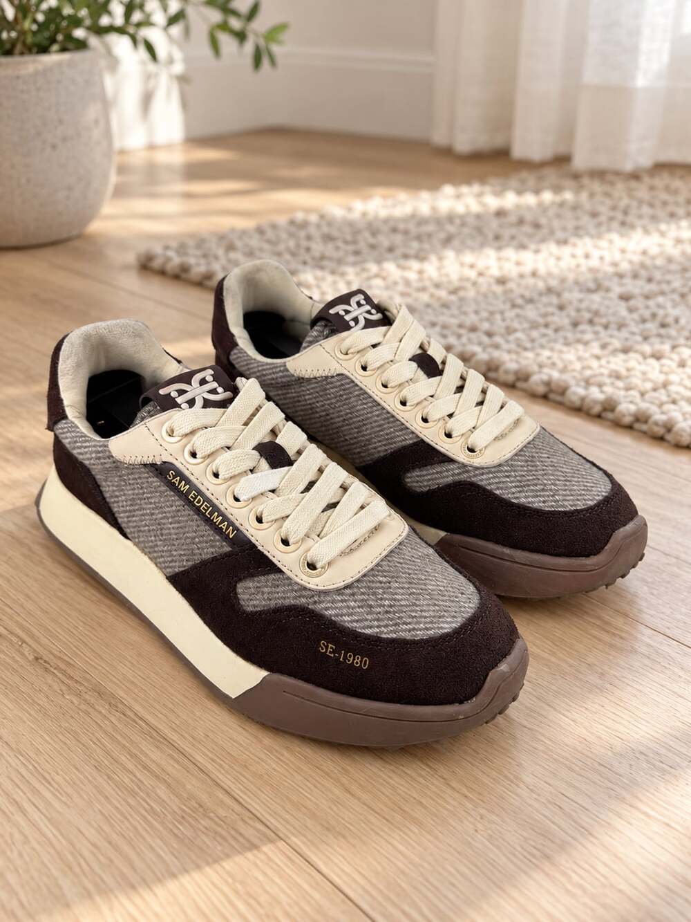 Sam Edelman Layla Lace Up Jogger Sneakers Brown Suede Tweed Womens 6M